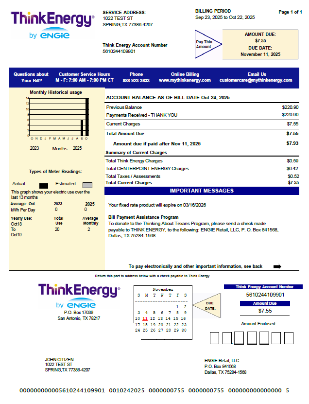 USA Think Energy utility bill template in Word and PDF formats, version 2